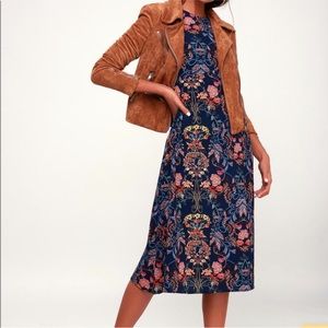 Garden Splendor Navy Blue Floral Print Long Sleeve Midi Dress